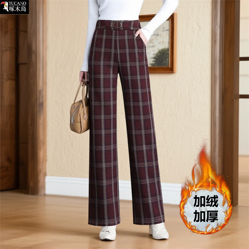 啄木鸟正品2025年秋冬季加绒阔腿裤女时髦爆款垂感显瘦中年妈妈裤