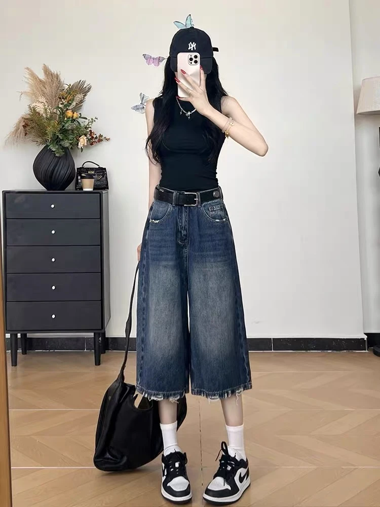 美式复古磨破宽松七分牛仔裤女夏季薄款高腰松弛感休闲汽水裤