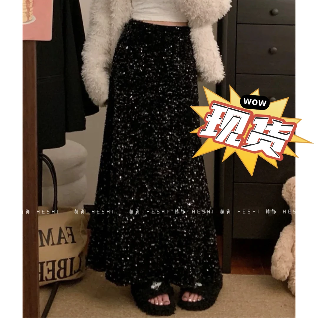 现货【赫饰】大码胖MM冬季新款遮肉显瘦丝绒闪片鱼尾半身裙11004D