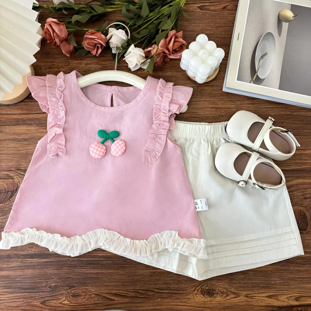 女小童2025小飞袖立体樱桃上衣百搭裤子甜美女童两件套H-N-B61