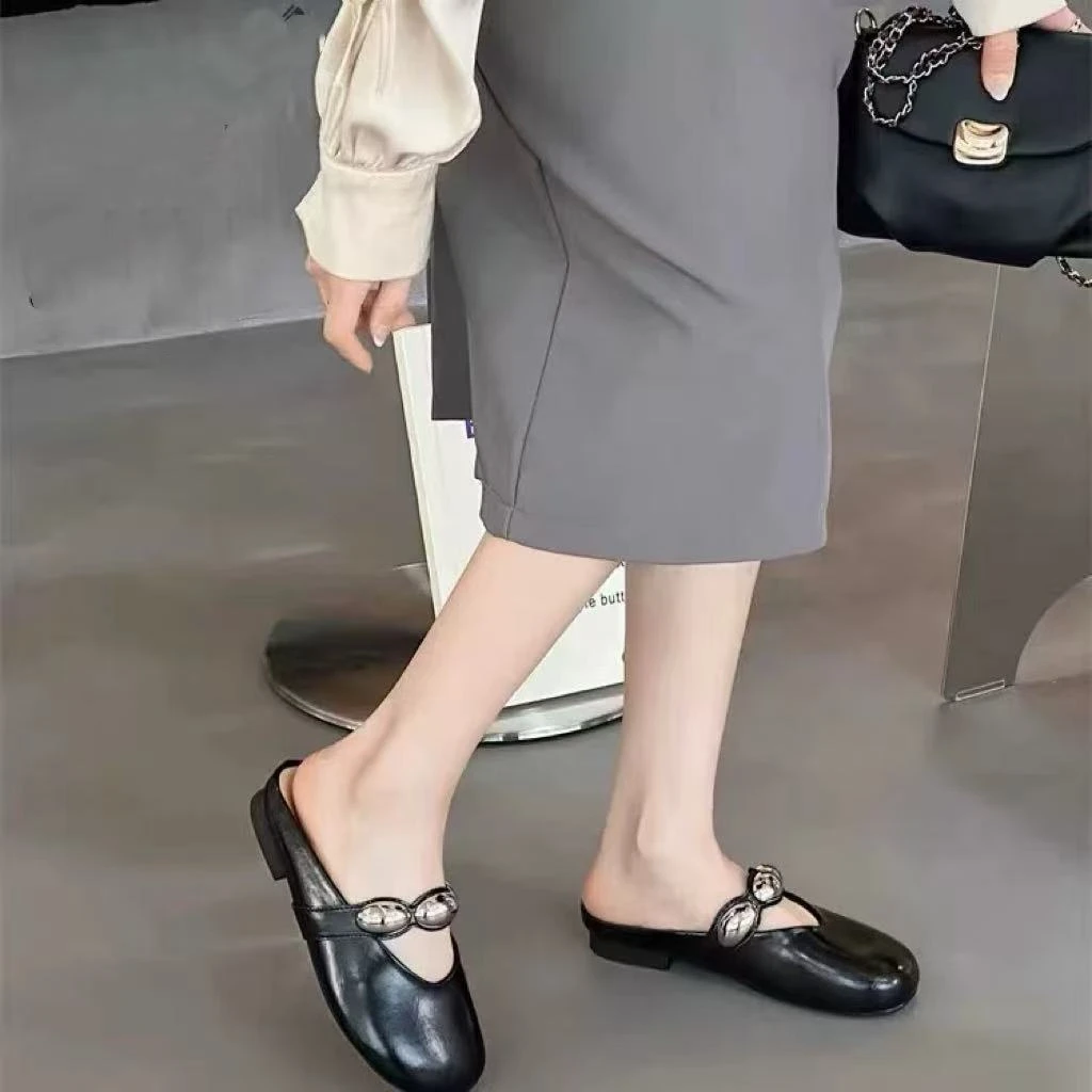 C6719 黑色  低跟包头拖鞋女2025新款时尚凉拖鞋