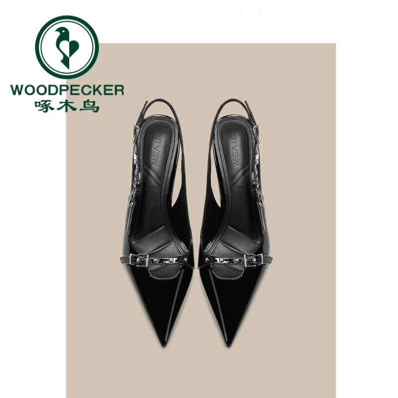 啄木鸟尖头高跟鞋女细跟御姐性感铆钉一字带气质黑色包头凉鞋女夏