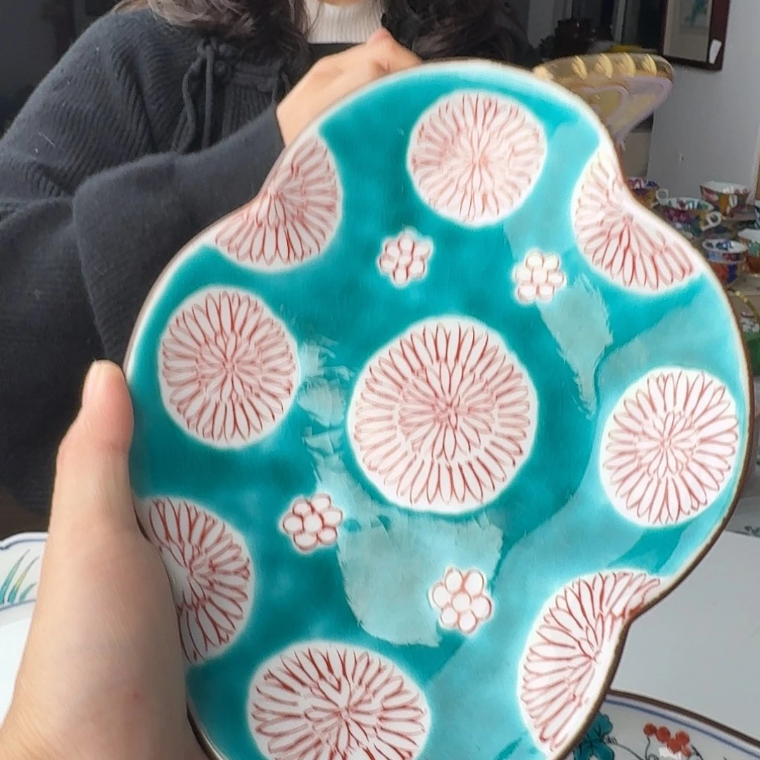 瓷片九谷烧绿色19厘米木瓜盘