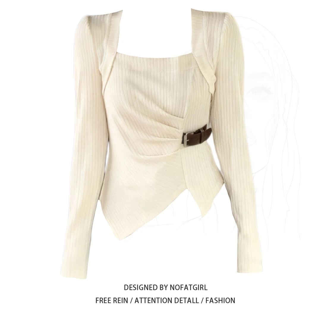 大码胖MM设计感方领不规则针织上衣女秋季长袖显瘦打底衫气质内搭