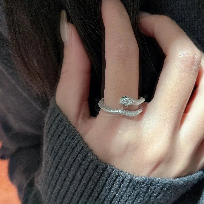 925银合成锆石戒指 小众设计高级感轻奢风简约拉丝小蛇银戒指
