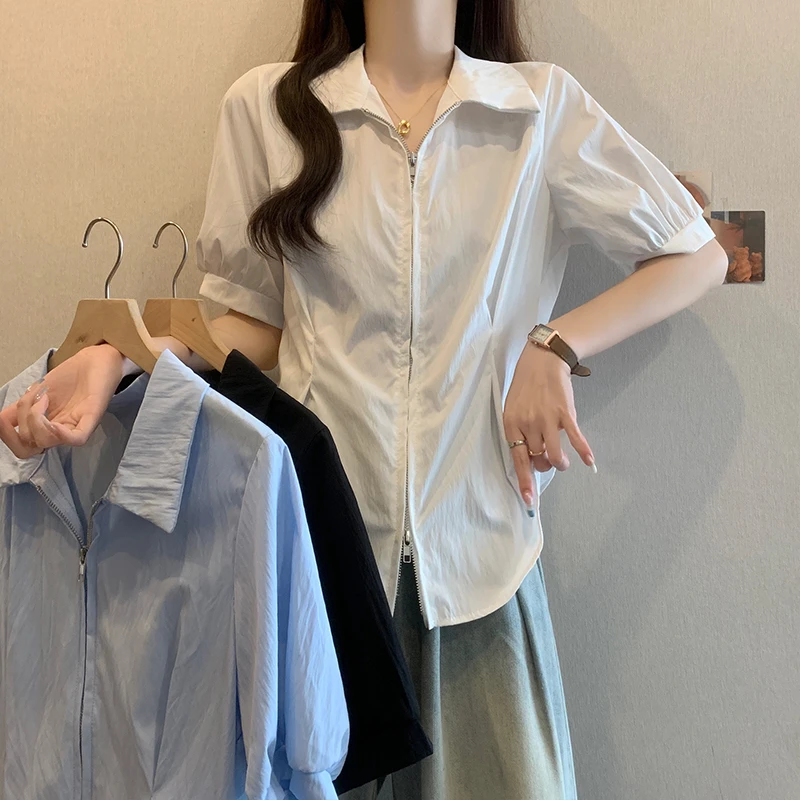 2025年夏季大码胖mm女装新款开叉百搭显瘦时尚休闲Polo领短袖衬衫