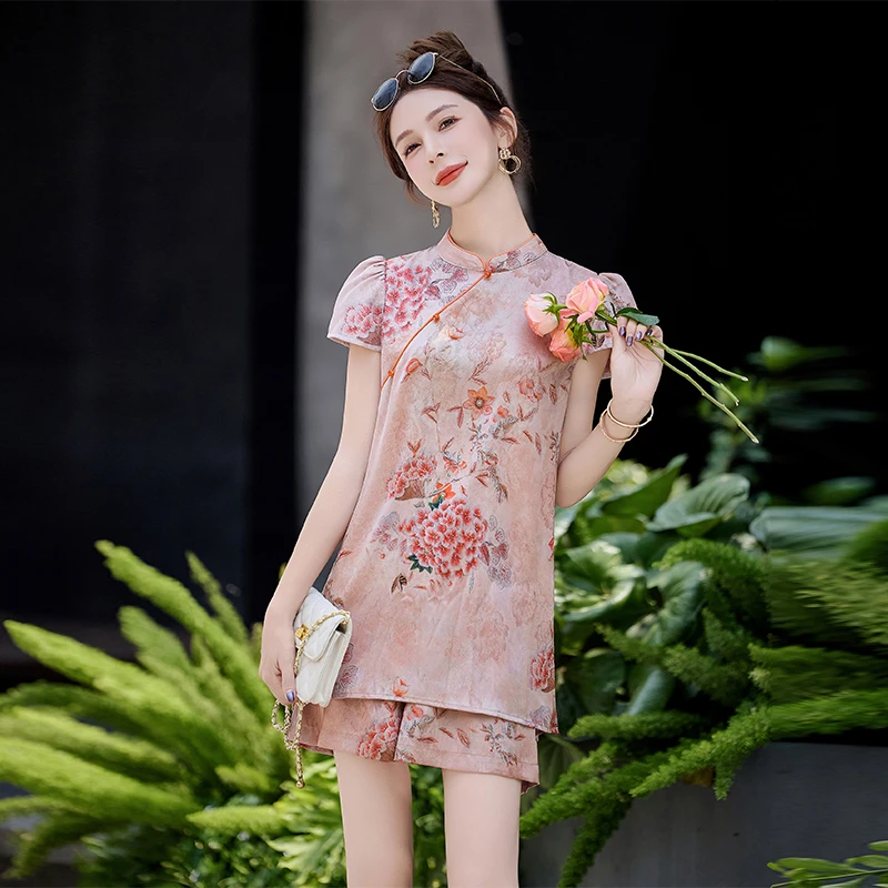 新中式国风缎面改良旗袍套装女2025夏季贵夫人减龄提花短裤两件套