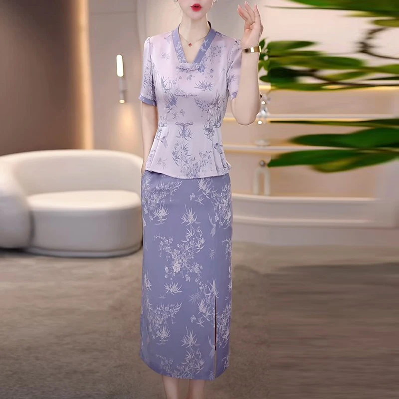 冰丝提花缎中式旗袍时尚套装2025夏季短袖新款时尚两件套连衣裙子