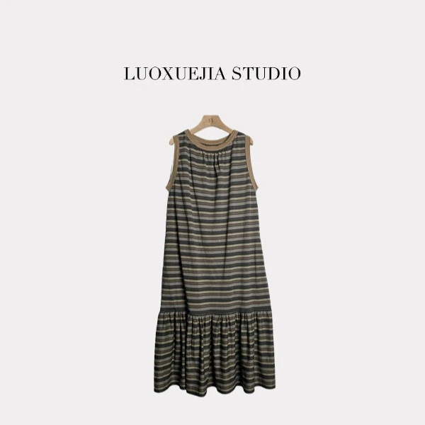 LXJ25428「巴黎悦色」小众洋气圆领撞色条纹无袖宽松连衣裙