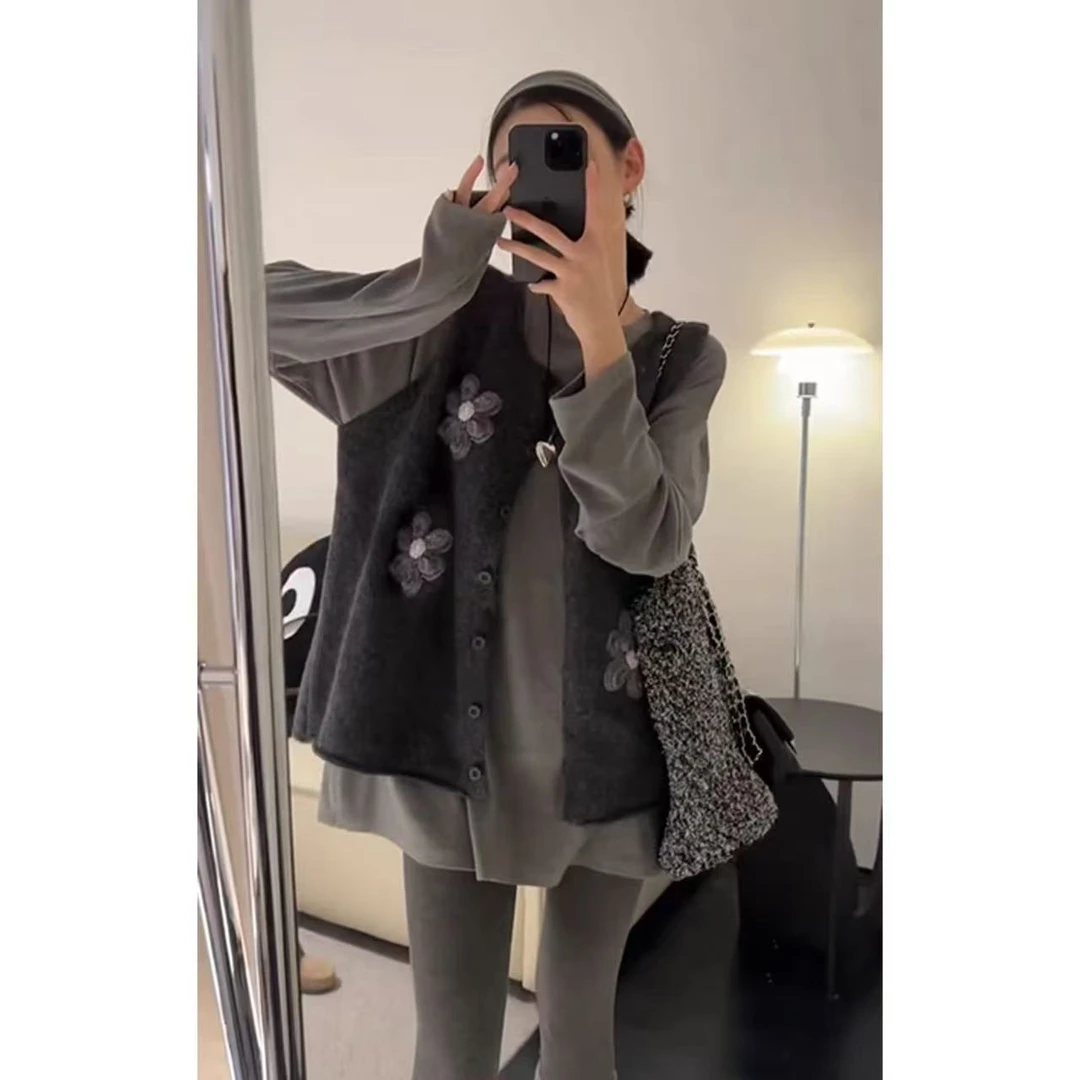 2025早秋新款韩版气质长袖T恤花朵针织无袖上衣时尚休闲两件套女