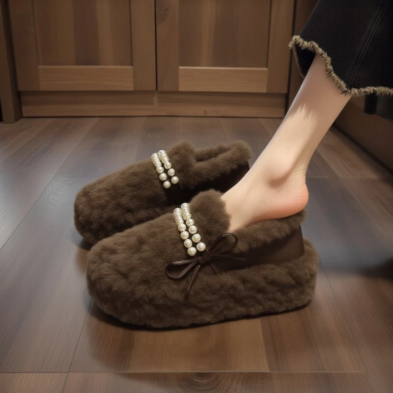 绝美厚底毛毛鞋女外穿2025新款冬季一脚蹬加绒乐福鞋保暖雪地棉鞋