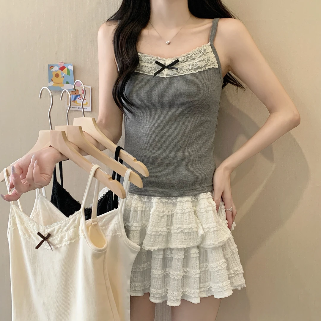 吊带背心女蝴蝶结蕾丝内搭外穿显瘦短款大码背心3077