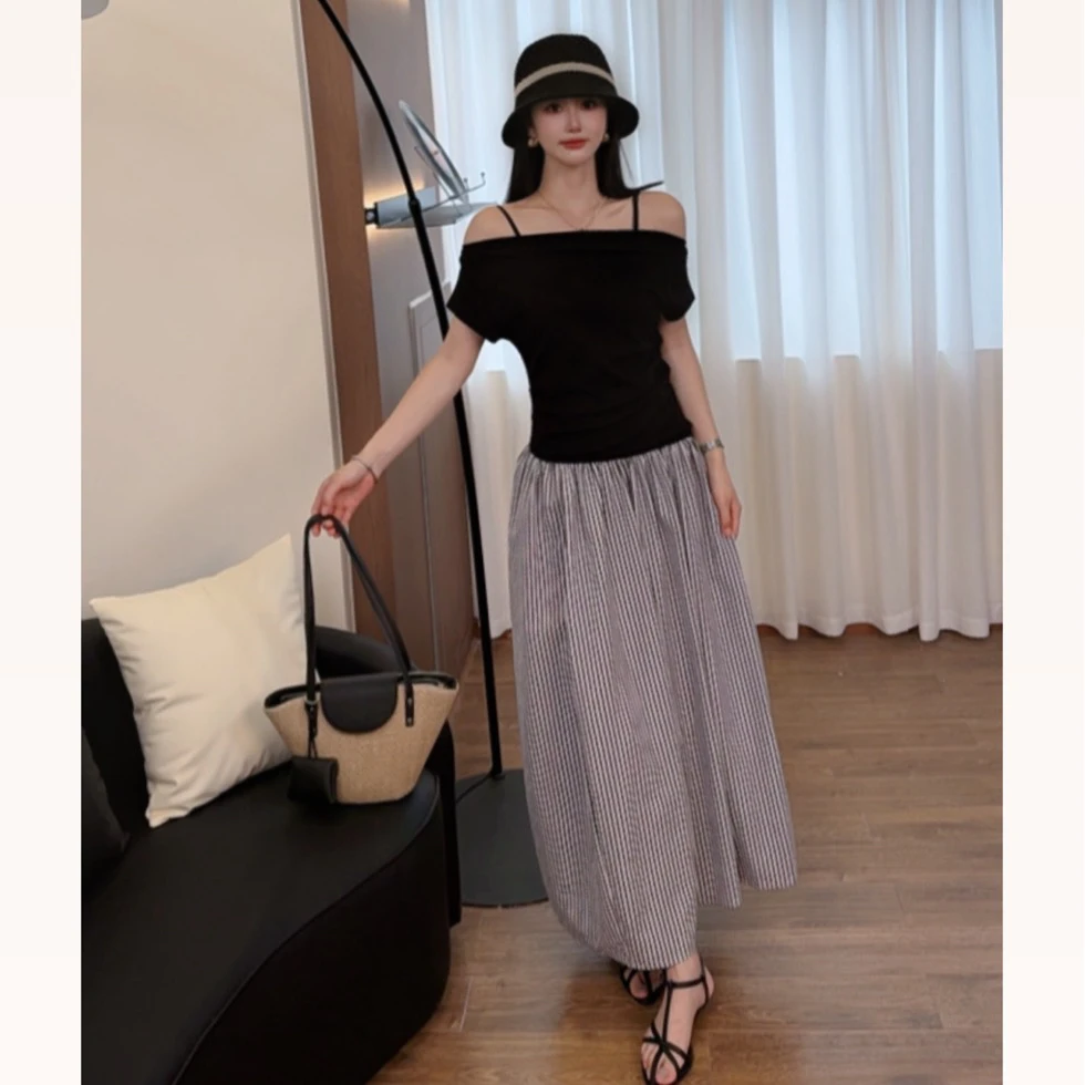 【大霏严选高品质连衣裙】纯欲短袖斜肩拼接收腰显瘦露肩拼色长裙