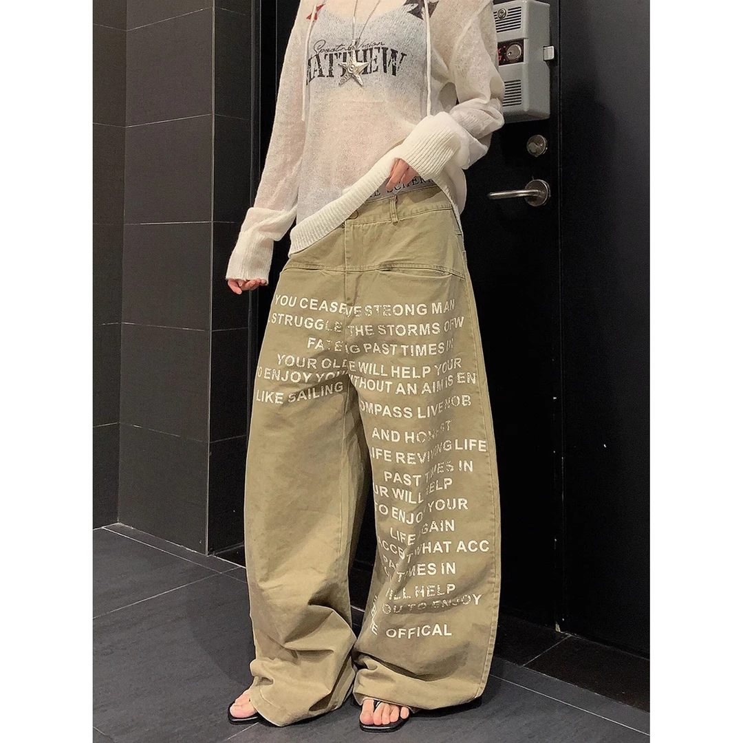 美式复古字母印花弯刀工装裤男女秋季新款设计感宽松阔腿牛仔裤子