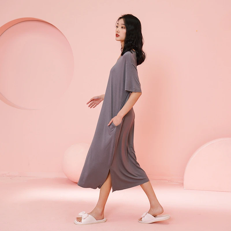 【蒙姐专属】莫代尔睡裙夏季长款过膝休闲慵懒外穿固定胸垫睡衣