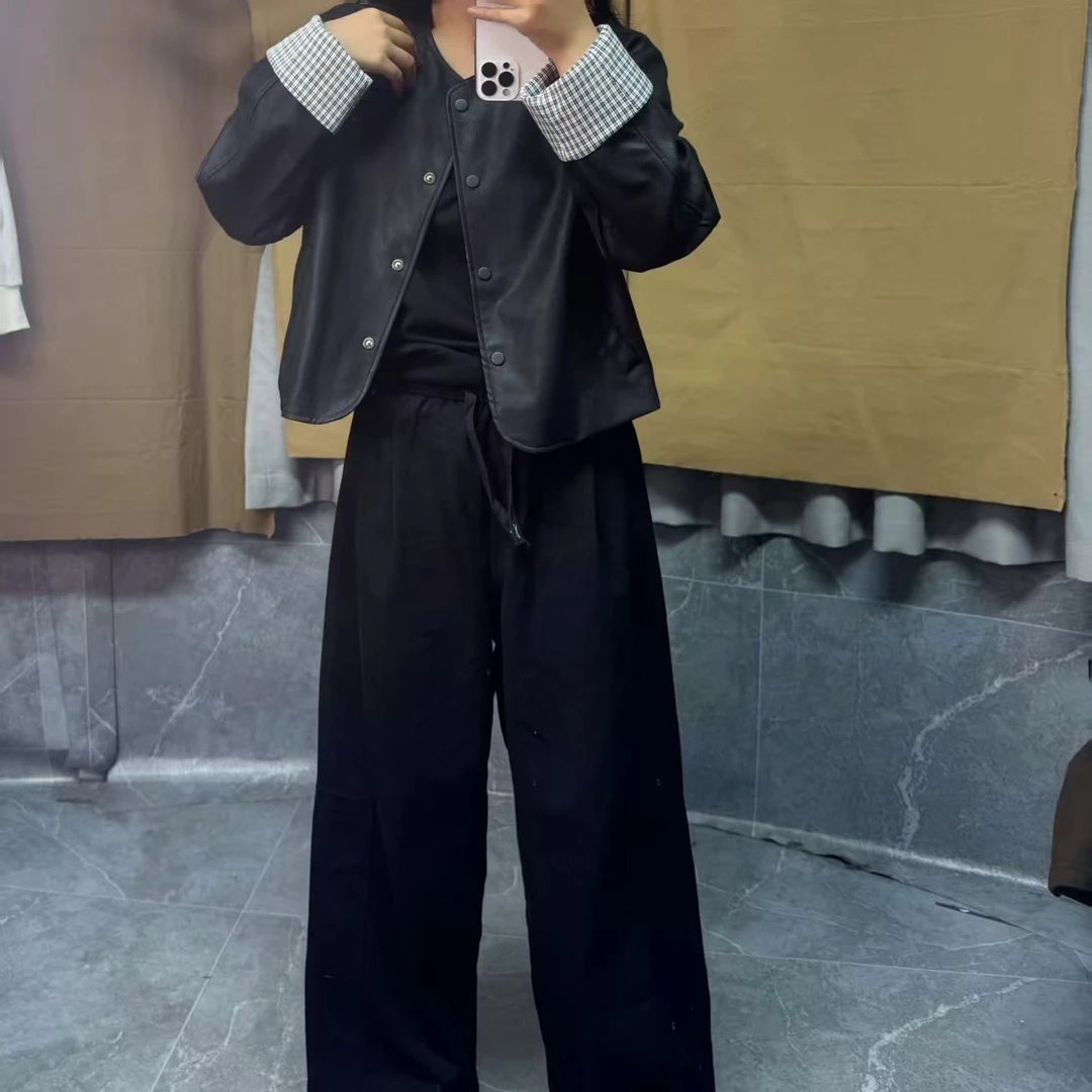 女装圆领拼接百搭法式设计师厚款常规上衣宽松型皮衣