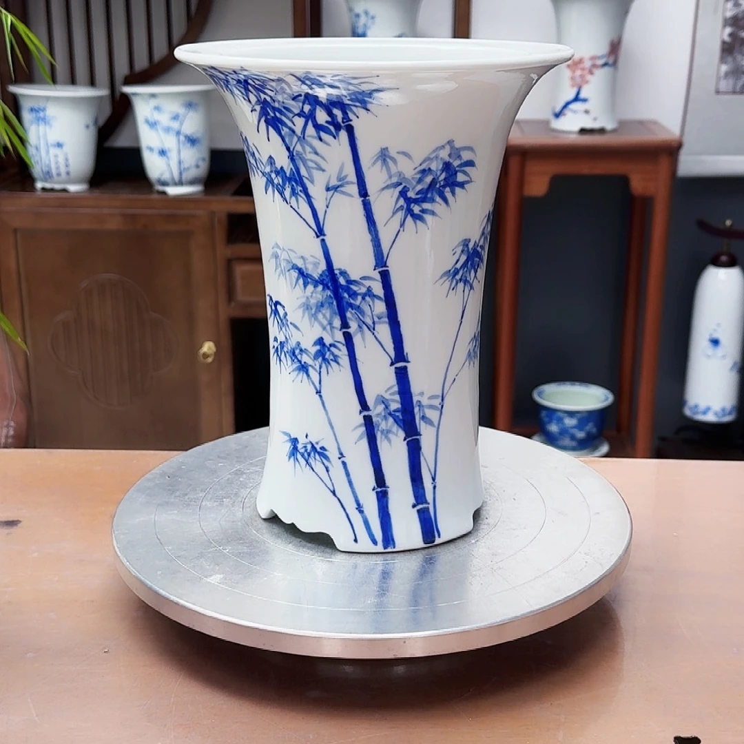 升***升青花竹报平安陶瓷盆微瑕