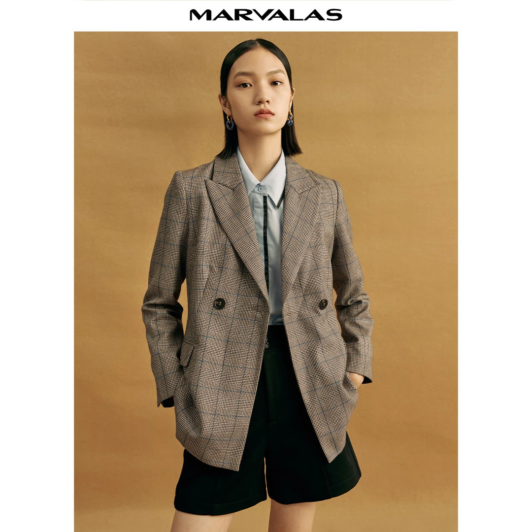 【小熊专属】格子毛呢西装外套女秋冬季宽松显瘦短款大衣特卖