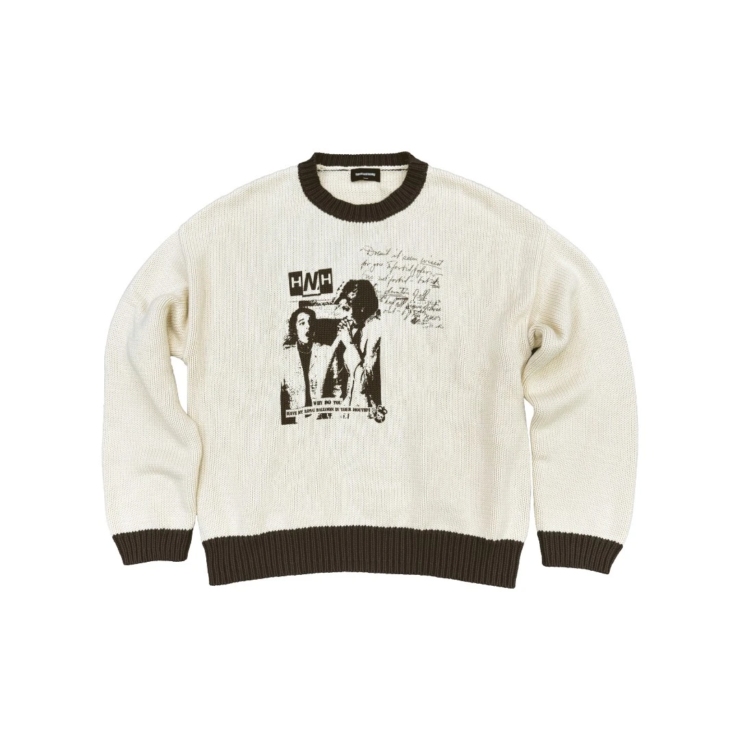 haonanhuang 粗针珠地针织肌理拼色印花全棉套头圆领毛衣