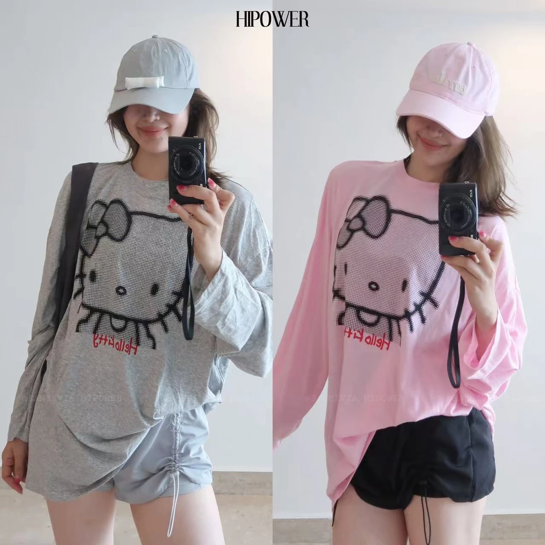 HIPOWER‘夏日松弛感’运动健身休闲罩衫kt猫印花圆领套头薄长袖T恤