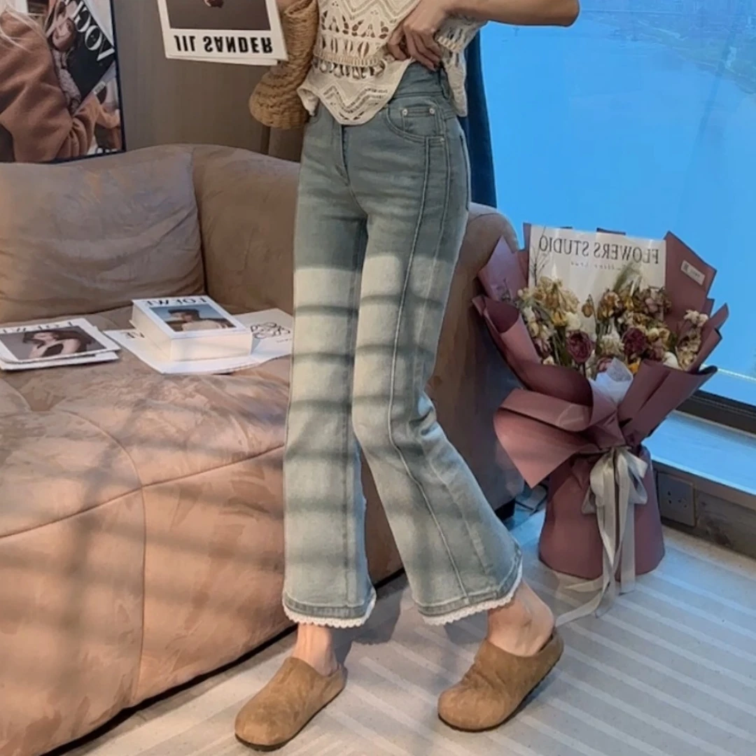 【晓溪服饰】春季新款蕾丝花边微喇牛仔裤女显瘦九分微喇裤6132
