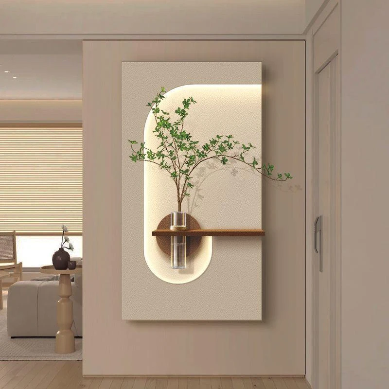 玄关装饰画水培绿植奶油风客厅立体挂画2024新款可养花砂岩壁灯画