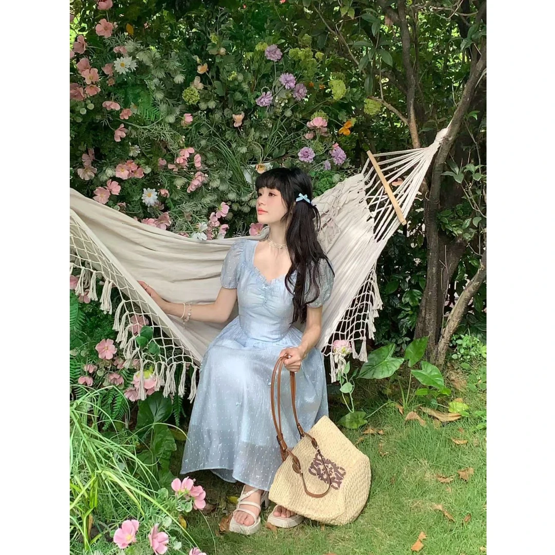 【QIANJIN】‘清蓝一夏’法式方领气质小众度假收腰显瘦连衣裙QL86197