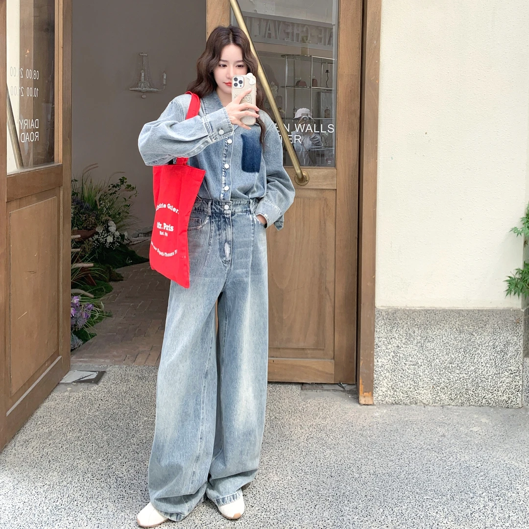 又A又飒复古做旧港风牛仔连体裤女2025年秋季新款露腰设计连衣裤