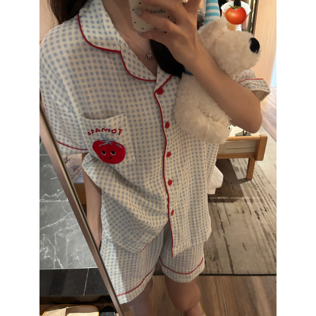 1#（两件套）双层棉纱短袖+松紧腰短裤睡衣套装（无胸垫）