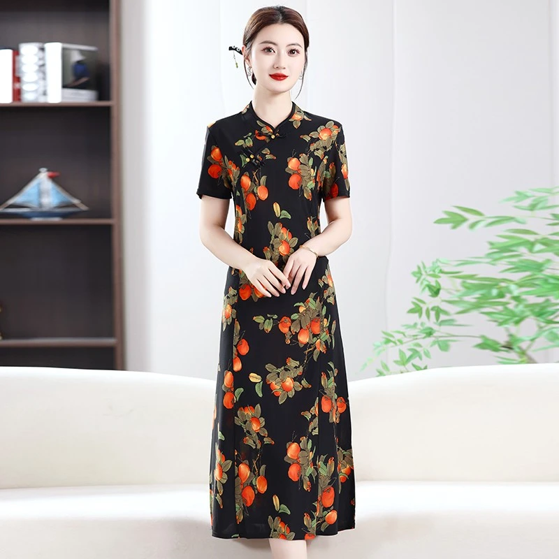 2025新款时尚气质优雅妈妈夏季连衣裙中式国风显瘦旗袍裙子中长款
