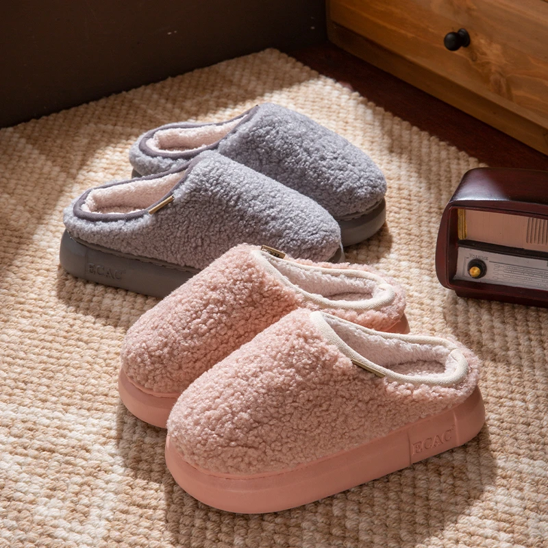 毛毛厚底拖鞋女款2025冬季新款居家保暖防臭防滑情侣简约棉拖鞋男