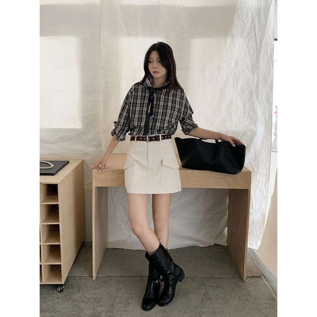 韩系工装风休闲半身裙挺括感A字显瘦大口袋短裙秋季新品短款新款