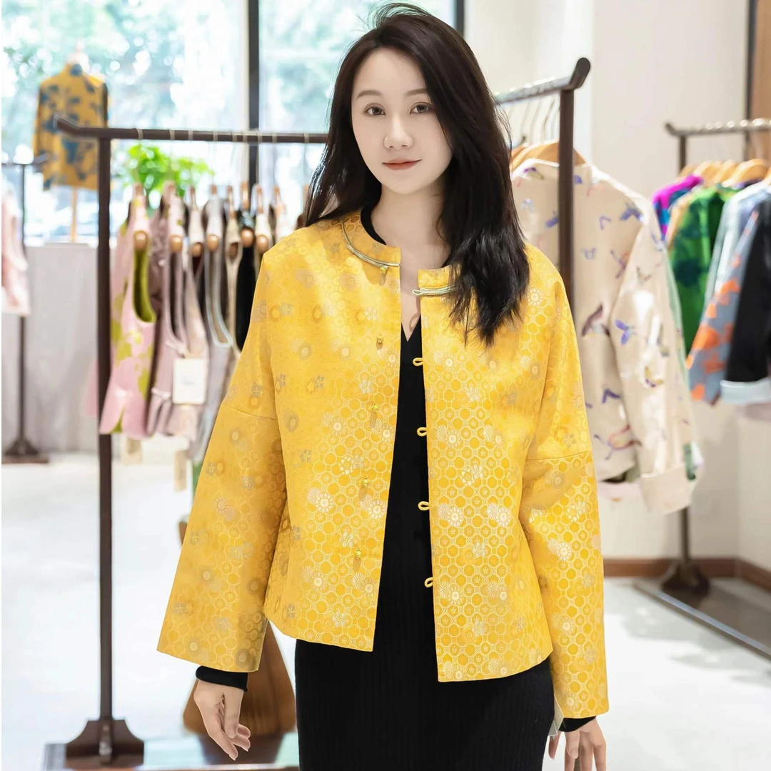【不晚集】小雏菊织锦高级复古贵气宽松中国风直襟中式长袖上衣女士