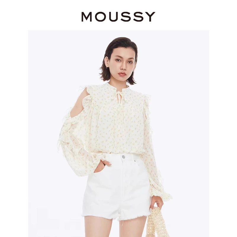 MOUSSY 2024早秋新品度假风甜美碎花荷叶边衬衫女028HSZ30-1441