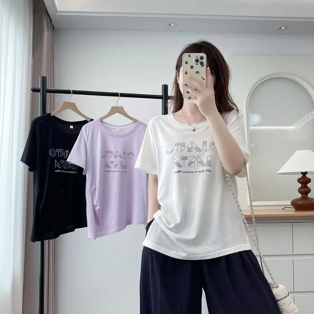 2025夏季新款大码女装衬衫设计感字母夏季吸汗短袖百搭圆领6007