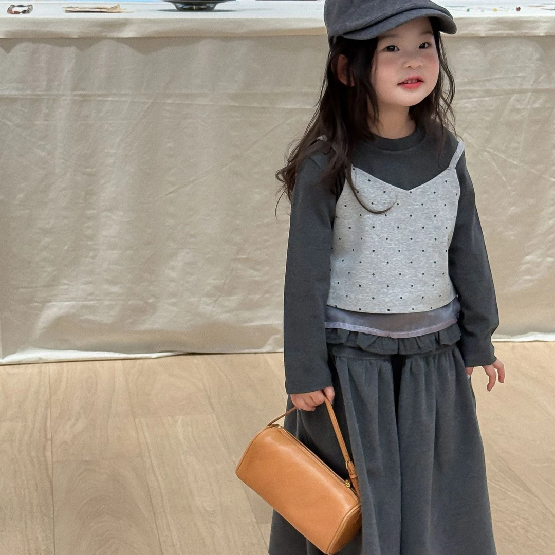 2025秋季新款童装女童韩版时尚波点吊带+打底衫儿童2件套上衣