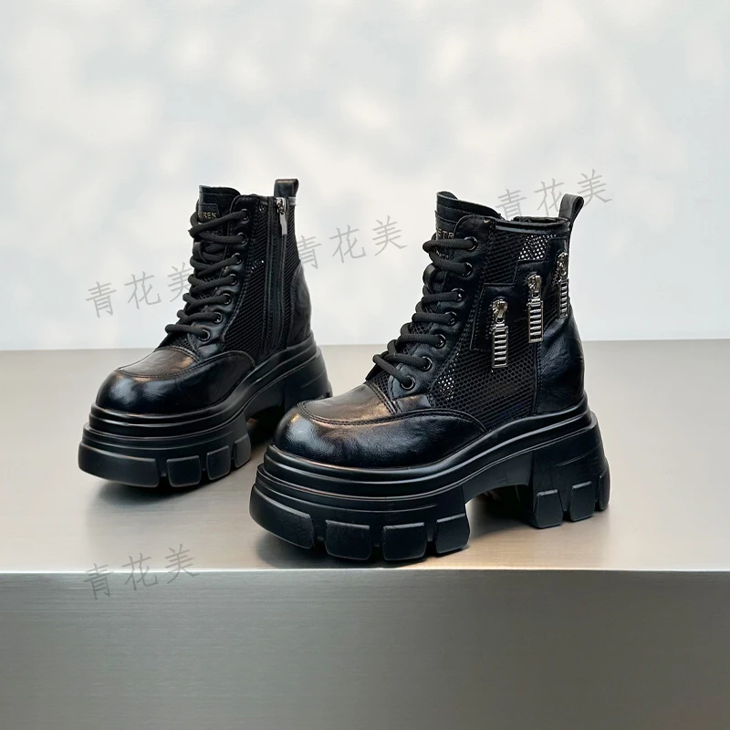 马丁靴女夏季薄款超高跟2025新款粗跟10CM防水台网面镂空透气凉靴