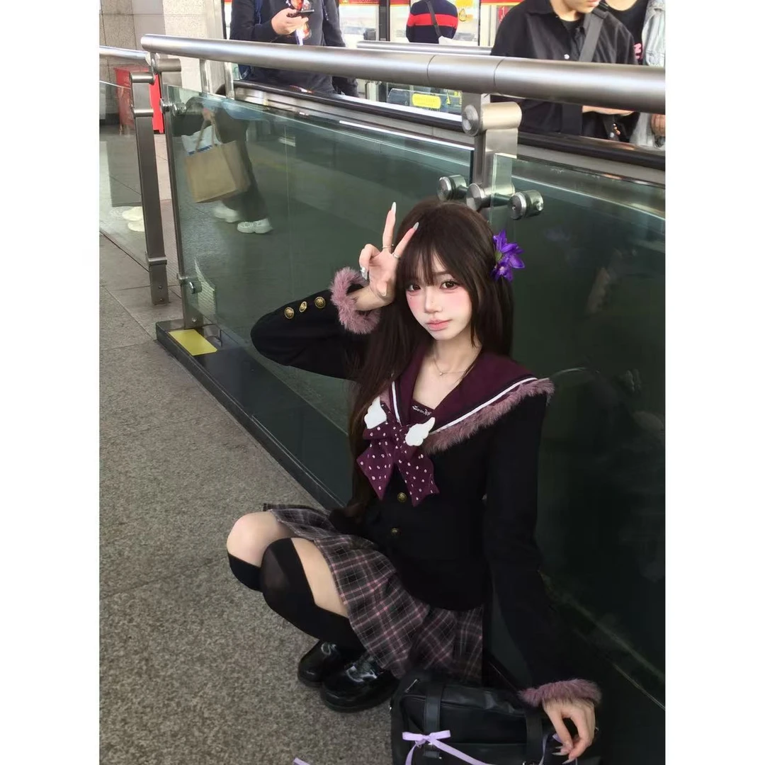 【林林在忙】紫藤恋语 冬季加厚黑紫色蝴蝶结修身上衣+格子半身裙