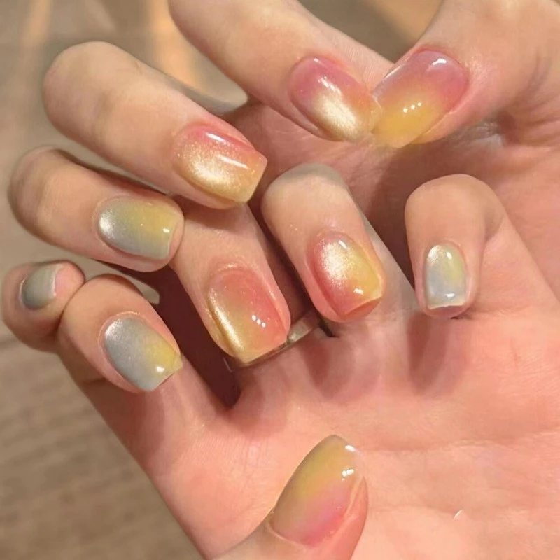 手-218【彩色沙滩猫眼】可拆卸穿戴甲30片多巴胺手工封层光疗甲