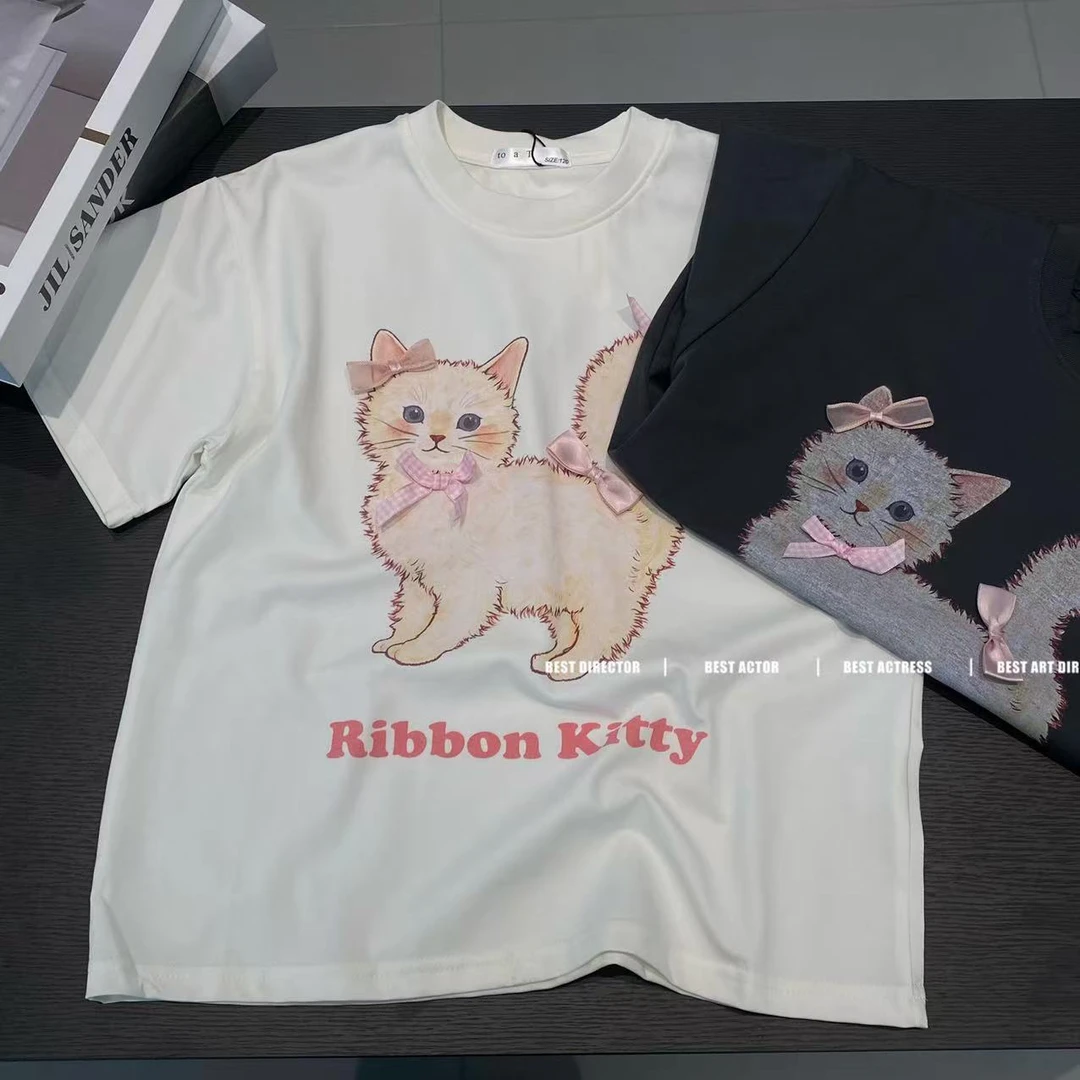 Q3053韩版宽松蝴蝶结卡通猫咪印花短袖