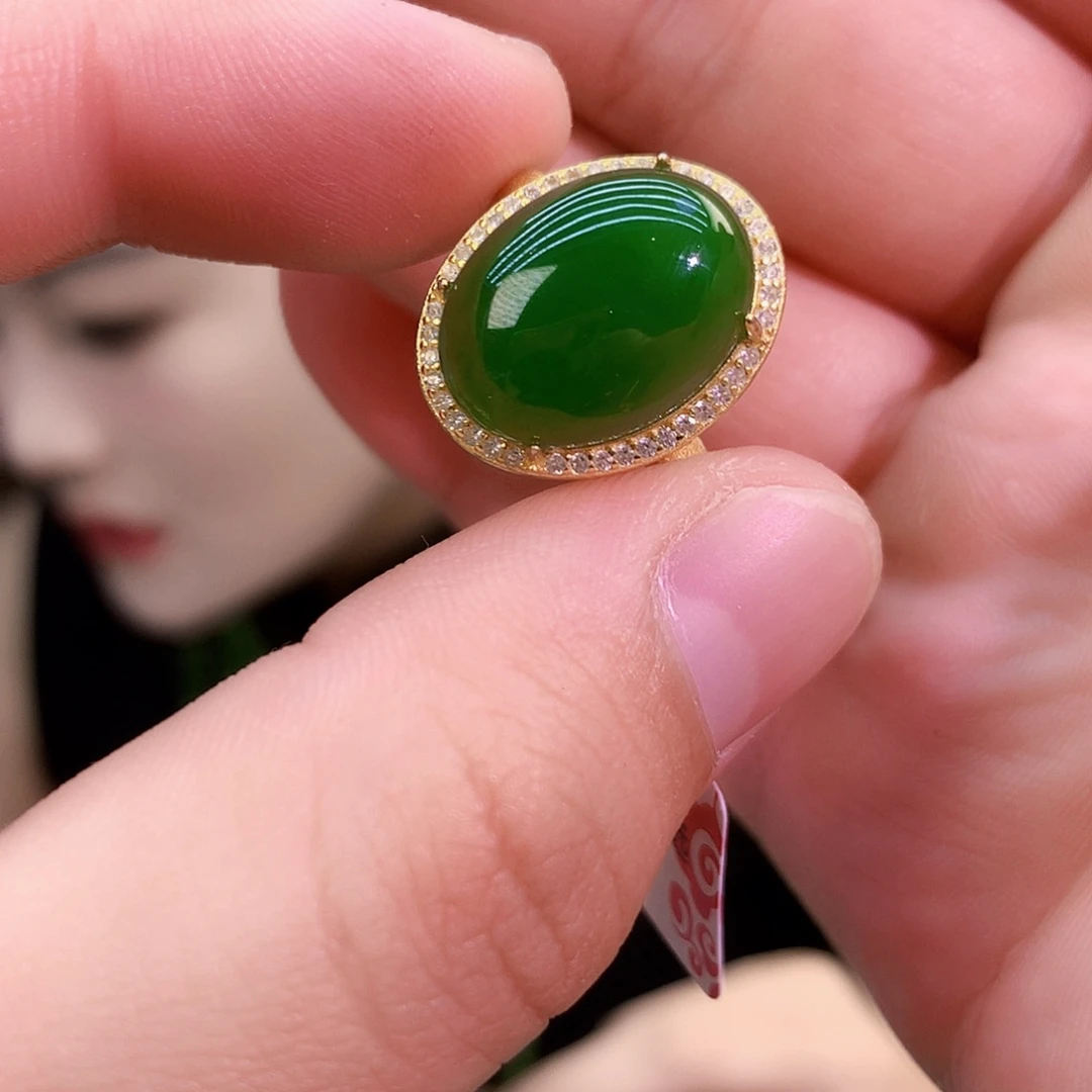 吊坠(不含链)银S925镶嵌和田玉（碧玉）戒指