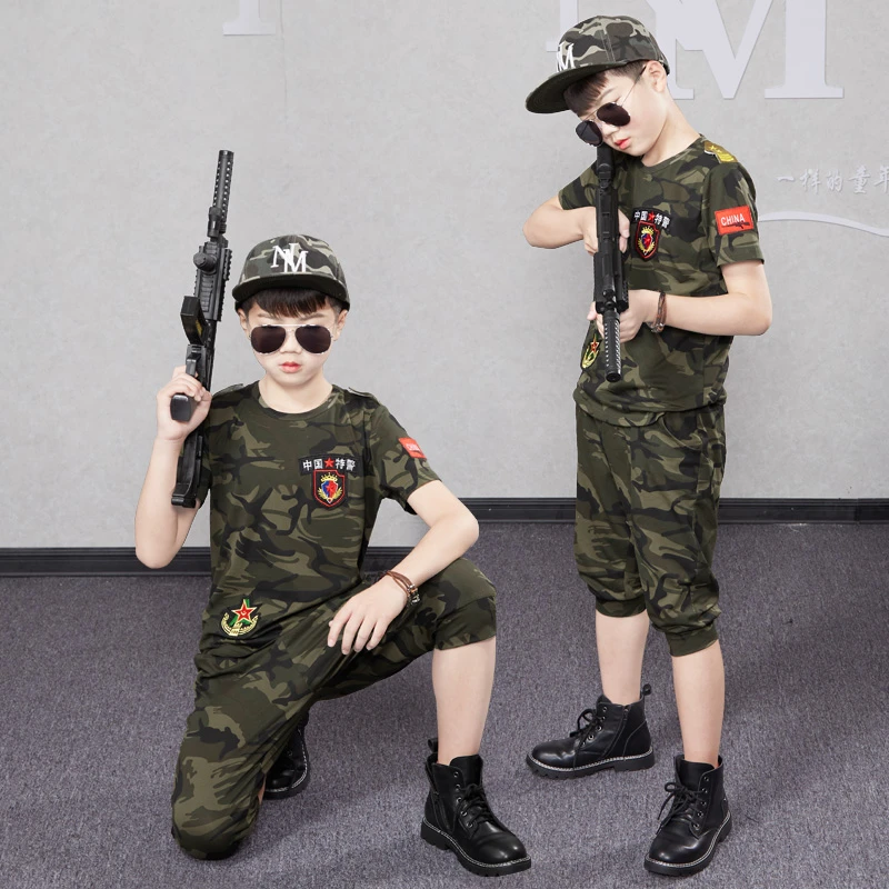 特警迷彩服男童夏季纯棉军训套装解放军衣服女童夏令营特种兵服装
