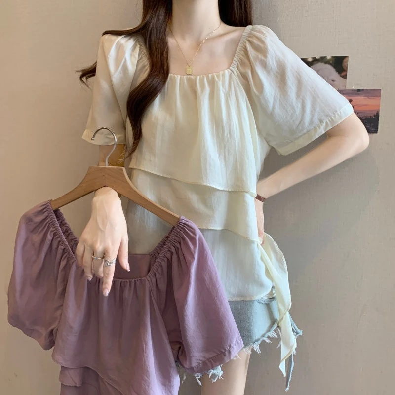 法式不规则超仙短袖雪纺衫女夏大码胖mm独特超好看娃娃衫流行上衣