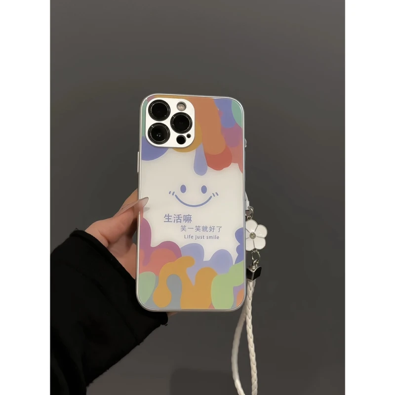 涂鸦彩色微笑适用苹果16pro创意iPhone15手机壳金属直边华为p小众