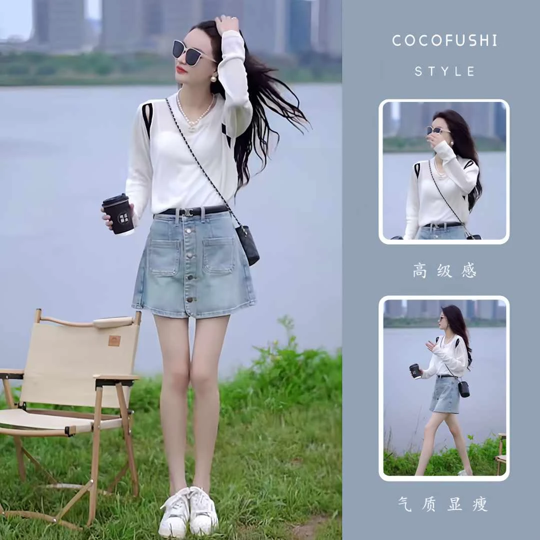 夏日流行穿搭一整套2025新款镂空设计长袖上衣显瘦牛仔短裤两件套