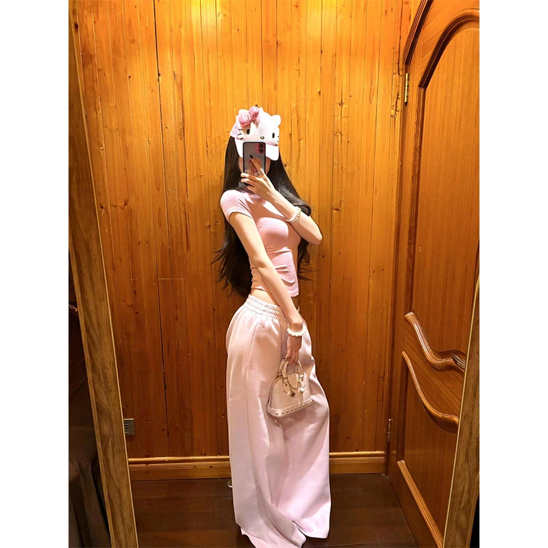 新款休闲百搭时尚简约正肩短袖上衣T恤高腰显瘦直筒宽松阔腿裤女