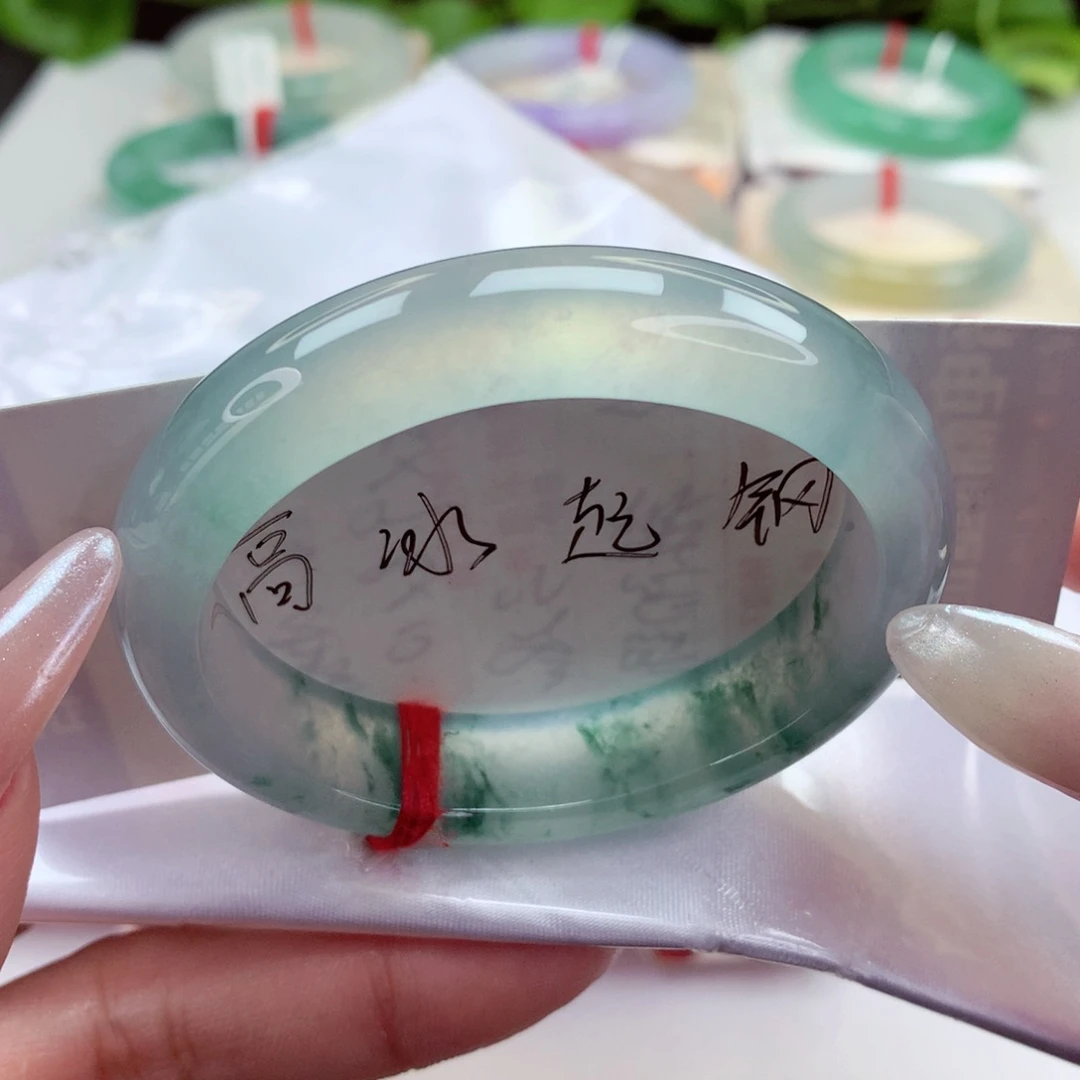 未镶嵌手镯翡翠52.5贵妃 蓝钢兰花 六位数品质 好绝！