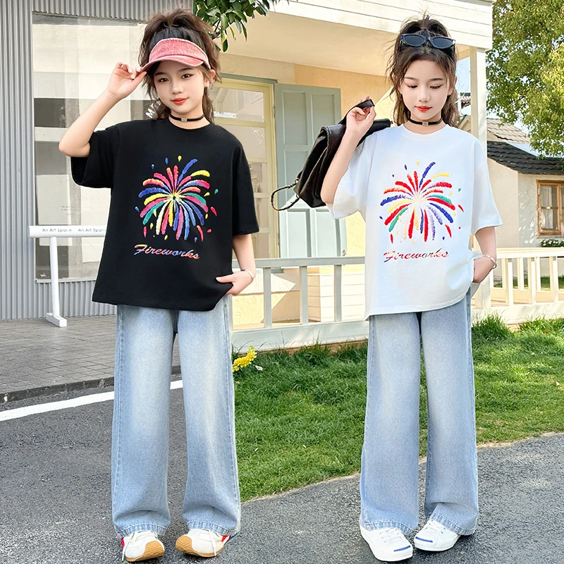 女童套装2025夏季薄款新款中大女童烟花短袖儿童薄款阔腿裤两件套