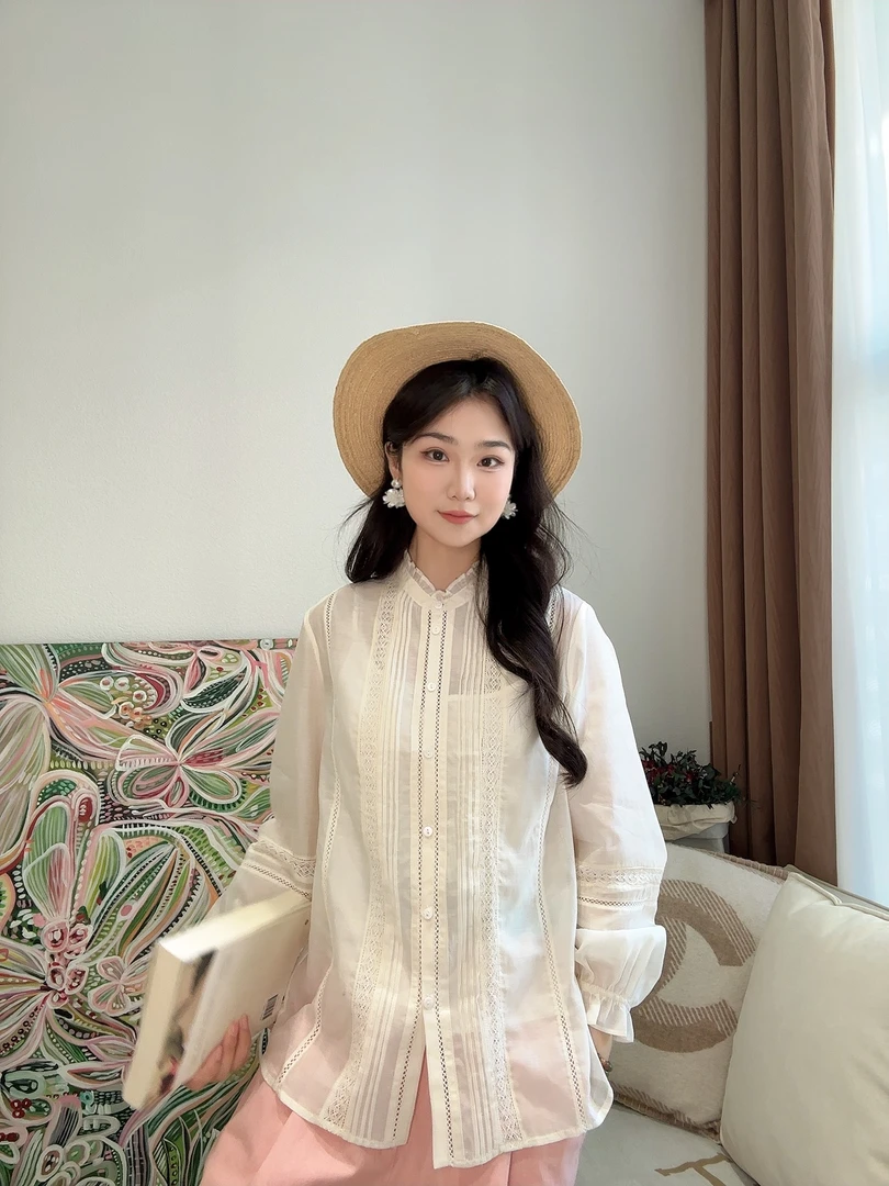 文艺花边小立领蕾丝花边丝棉衬衫（配吊带）B16008