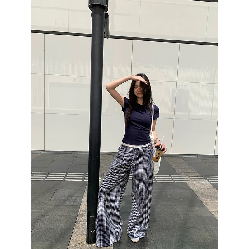 YOKLASS少女家 藏蓝色格纹直筒阔腿休闲裤设计感休闲裤K34298S52